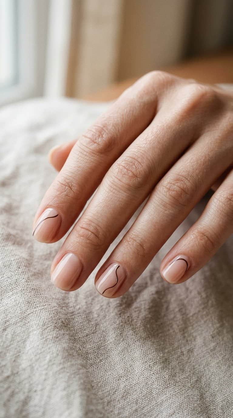 A hand with short nude nails featuring delicate single-line accents rests on a neutral surface.