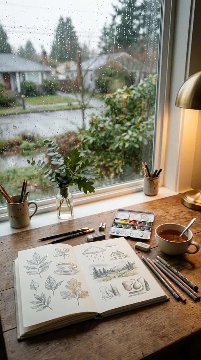 A sketchbook and drawing supplies sit on a table beside a rain-covered window.