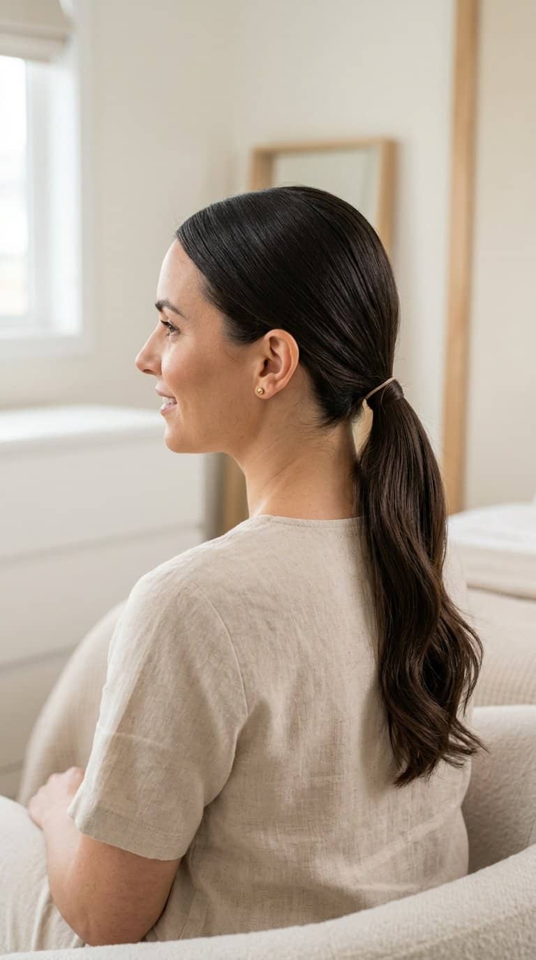 Woman wearing a sleek low ponytail with a middle part in a bright neutral room.