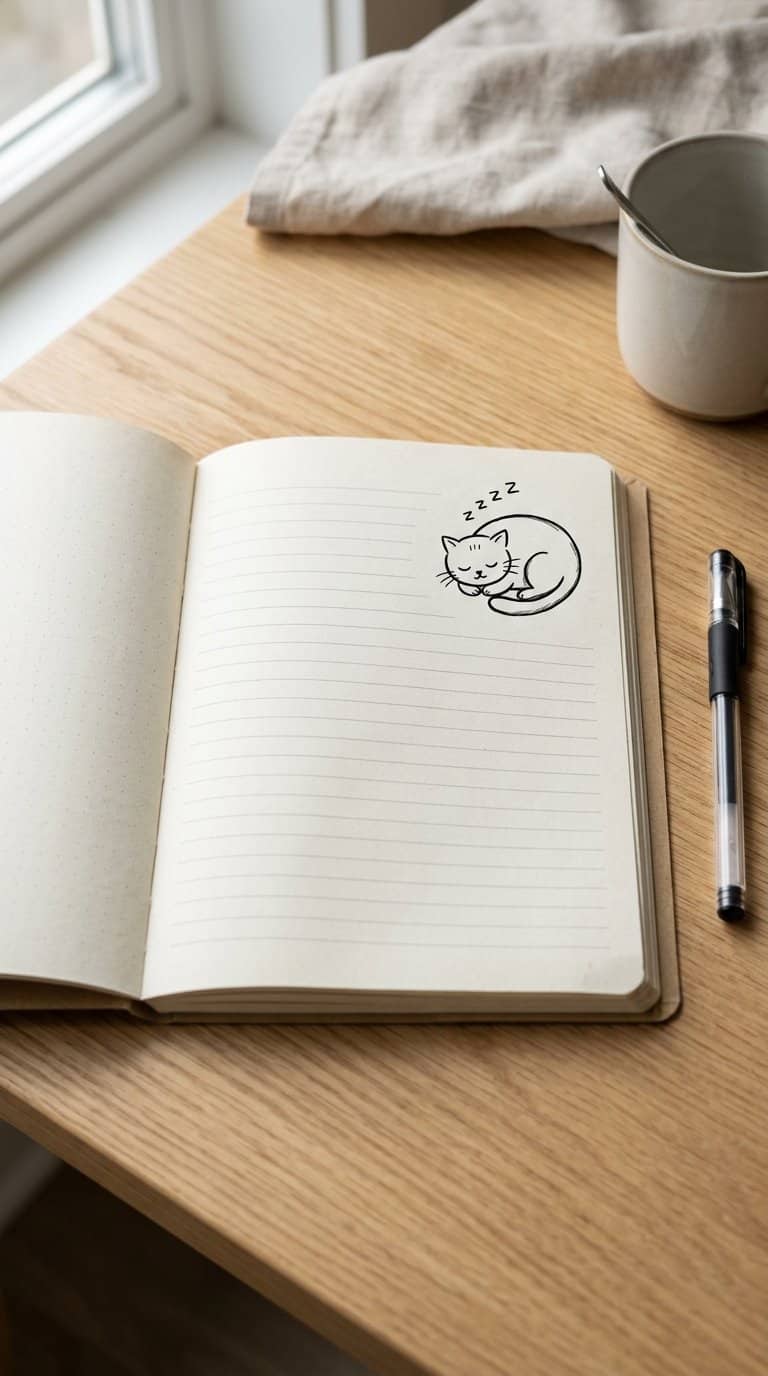 An open notebook with a simple doodle of a sleeping cat in the margin.