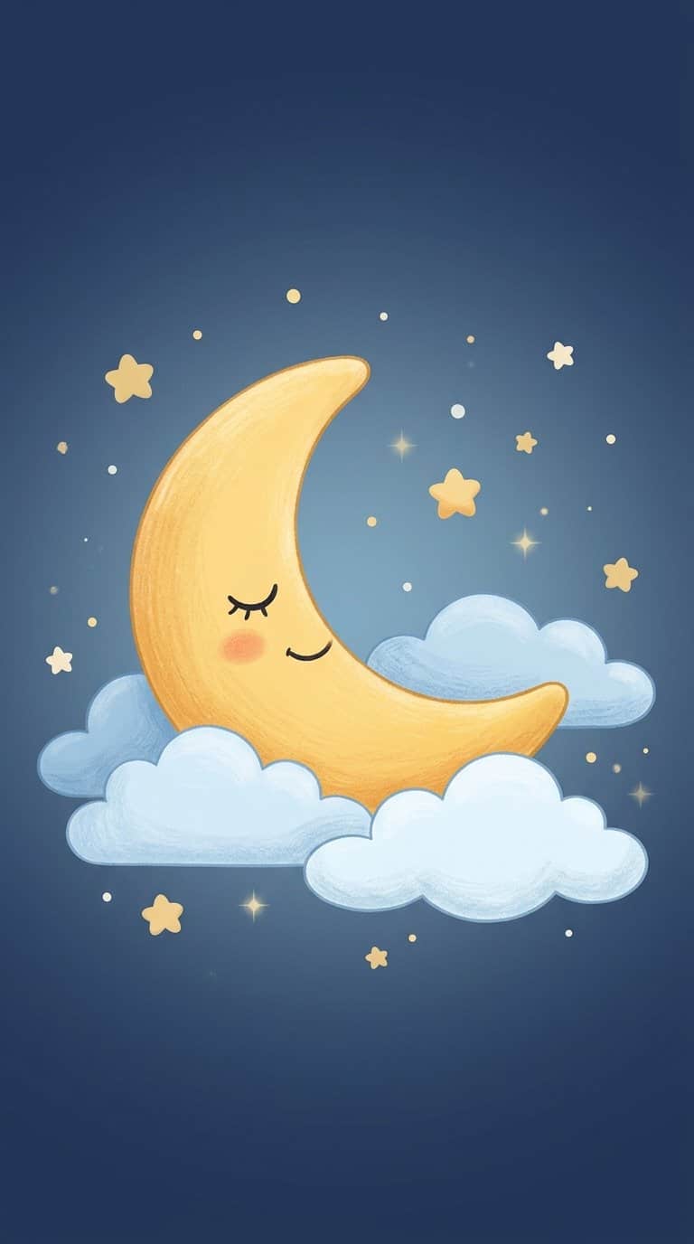 A sleepy crescent moon with a peaceful face resting among fluffy clouds and small stars.