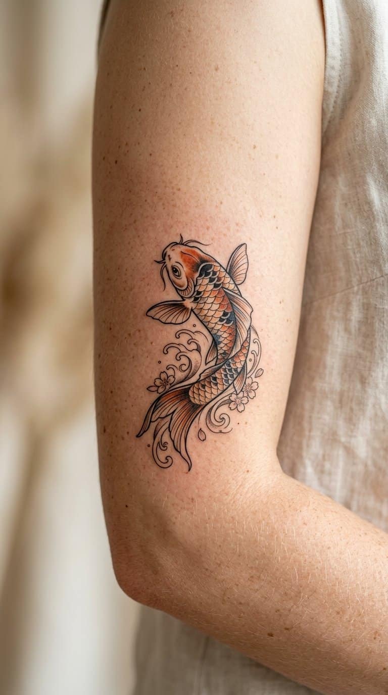 A small koi fish tattoo on lightly freckled skin.