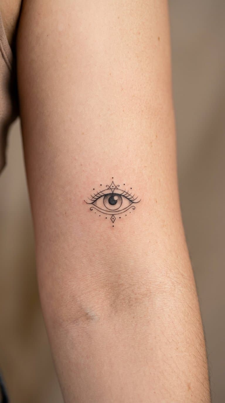 A small ornamental eye tattoo on clean skin.