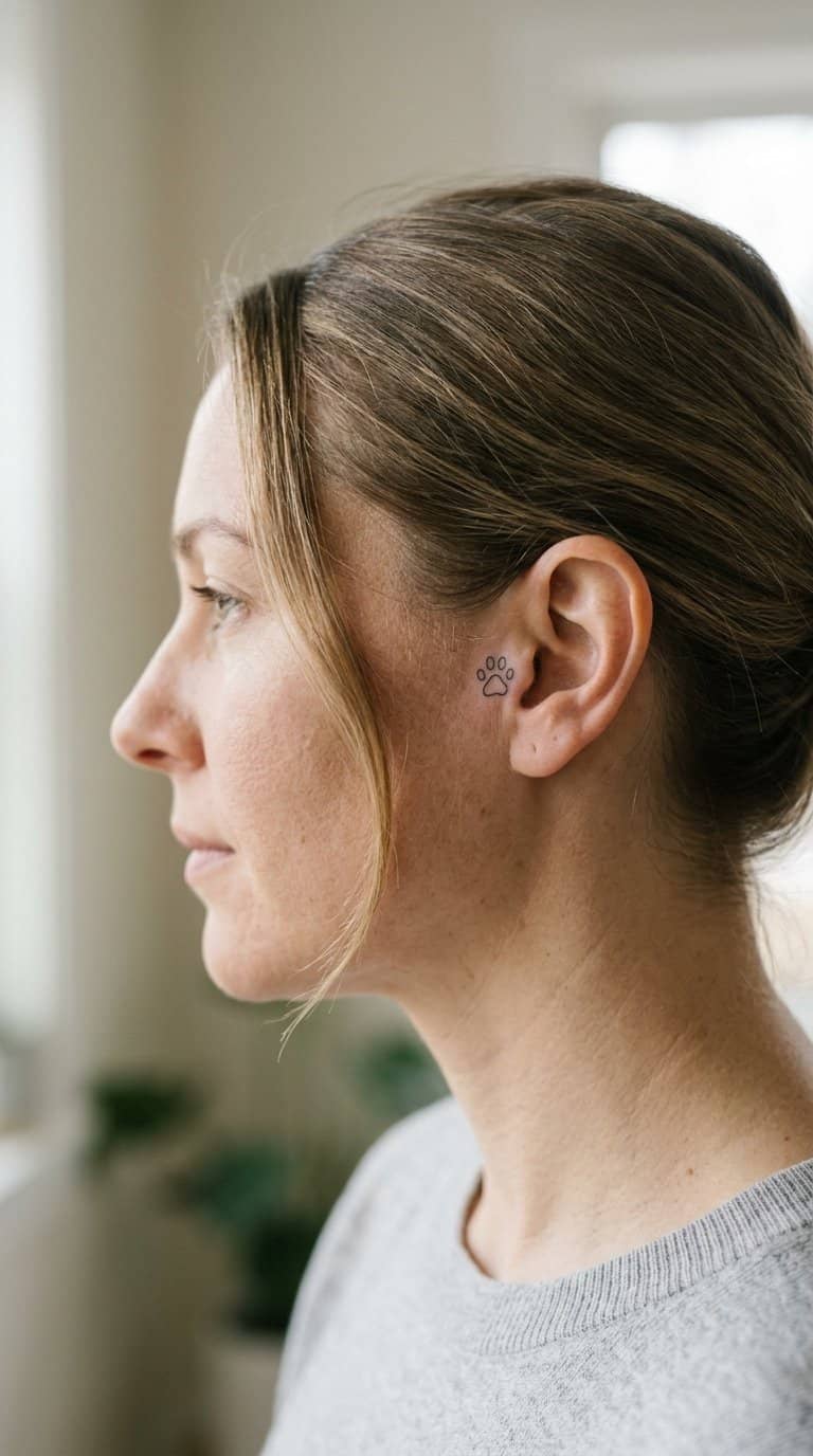 Close-up of an adult’s ear with a small paw-print tattoo behind it.