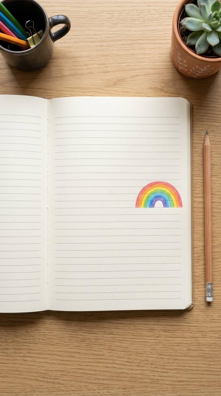 An open notebook with a small rainbow doodle in the margin and a pencil nearby.