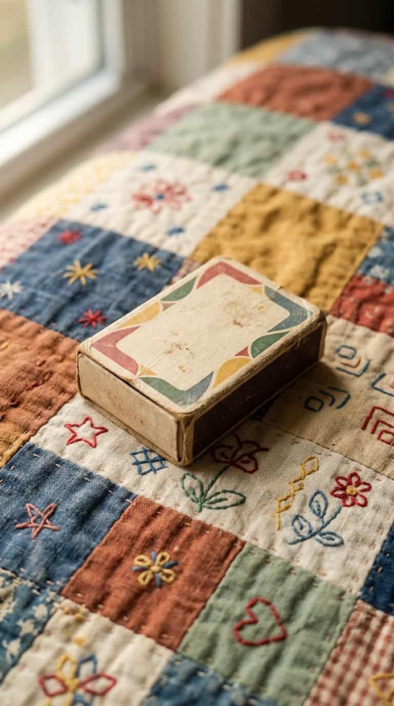 A small vintage matchbox rests on a colorful patchwork quilt.