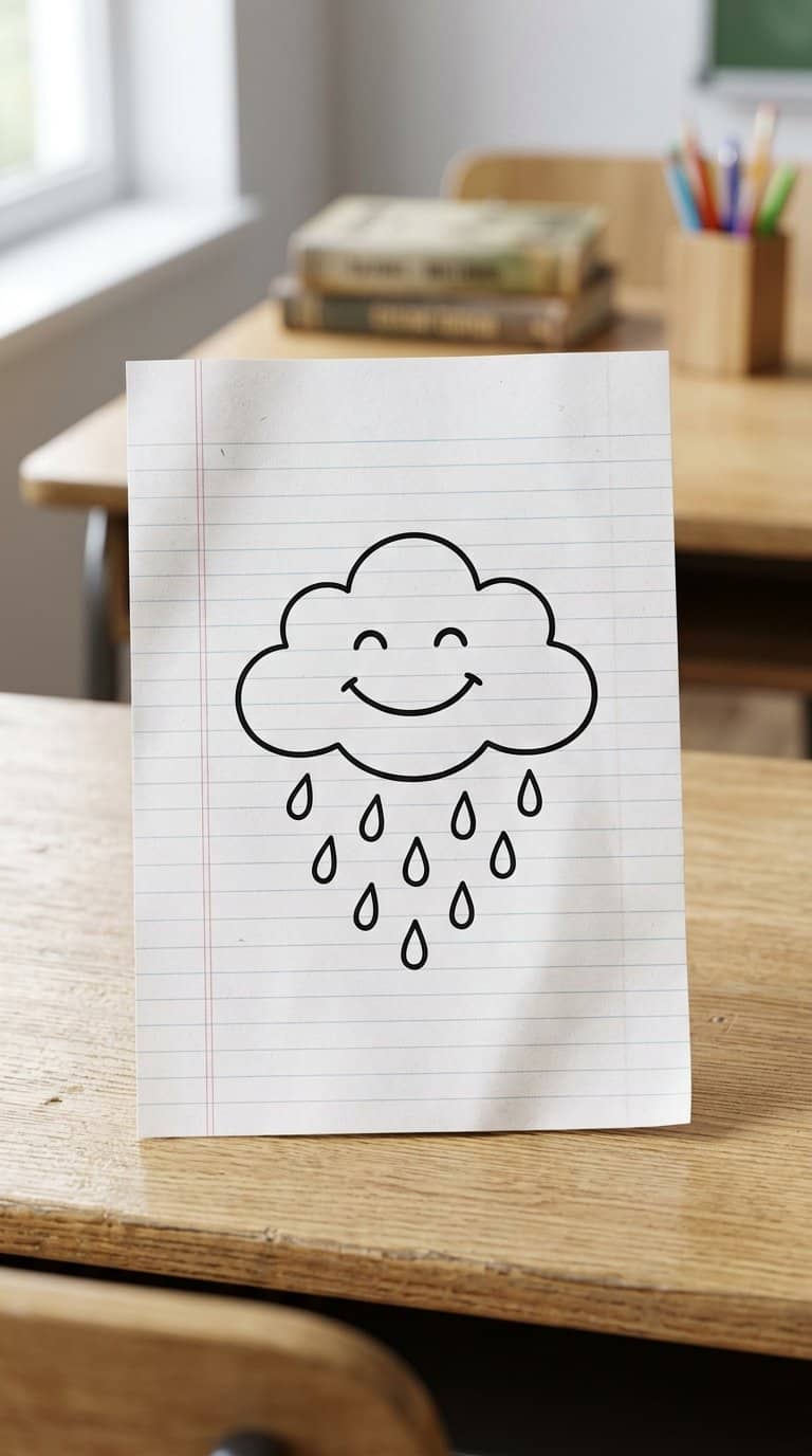 A smiling cloud doodle with raindrops on a sheet of notebook paper.