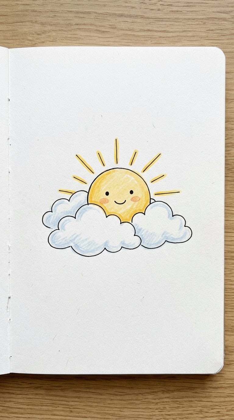 A smiling sun peeks out from behind several clouds on a sheet of paper.