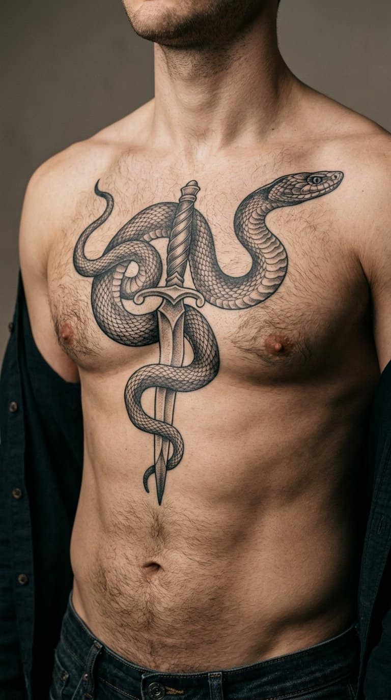 A man displays a detailed snake and dagger tattoo across his chest.