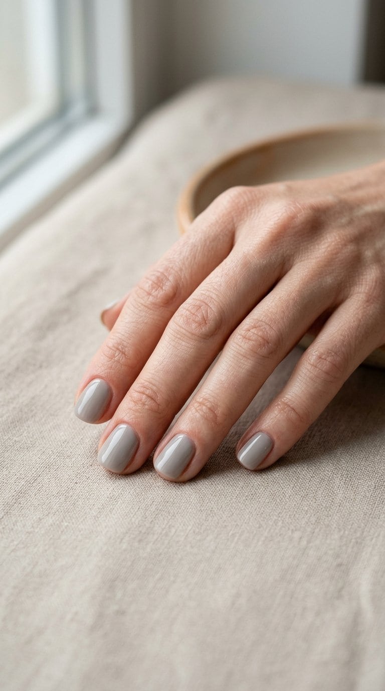 A hand with short glossy soft gray nails resting on a neutral surface.
