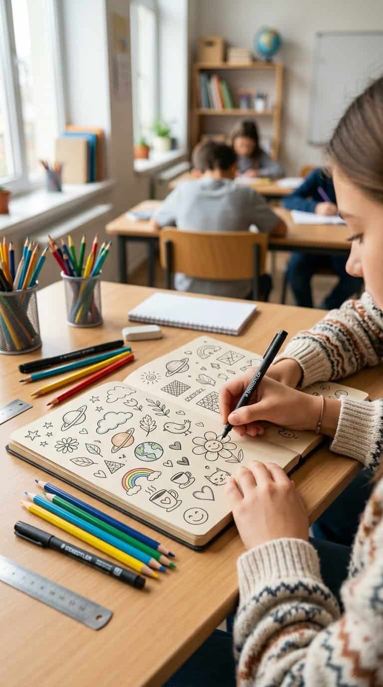 A student draws colorful doodles in a sketchbook on a classroom desk surrounded by pencils and drawing tools.