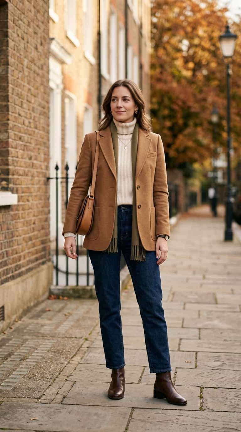 A person wearing a brown jacket, cream sweater, dark jeans, and ankle boots stands on an autumn city sidewalk.