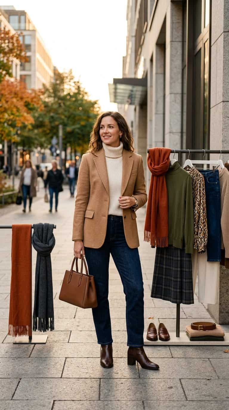 A stylish person wearing a layered fall outfit with a versatile jacket among coordinated autumn clothing and accessories.