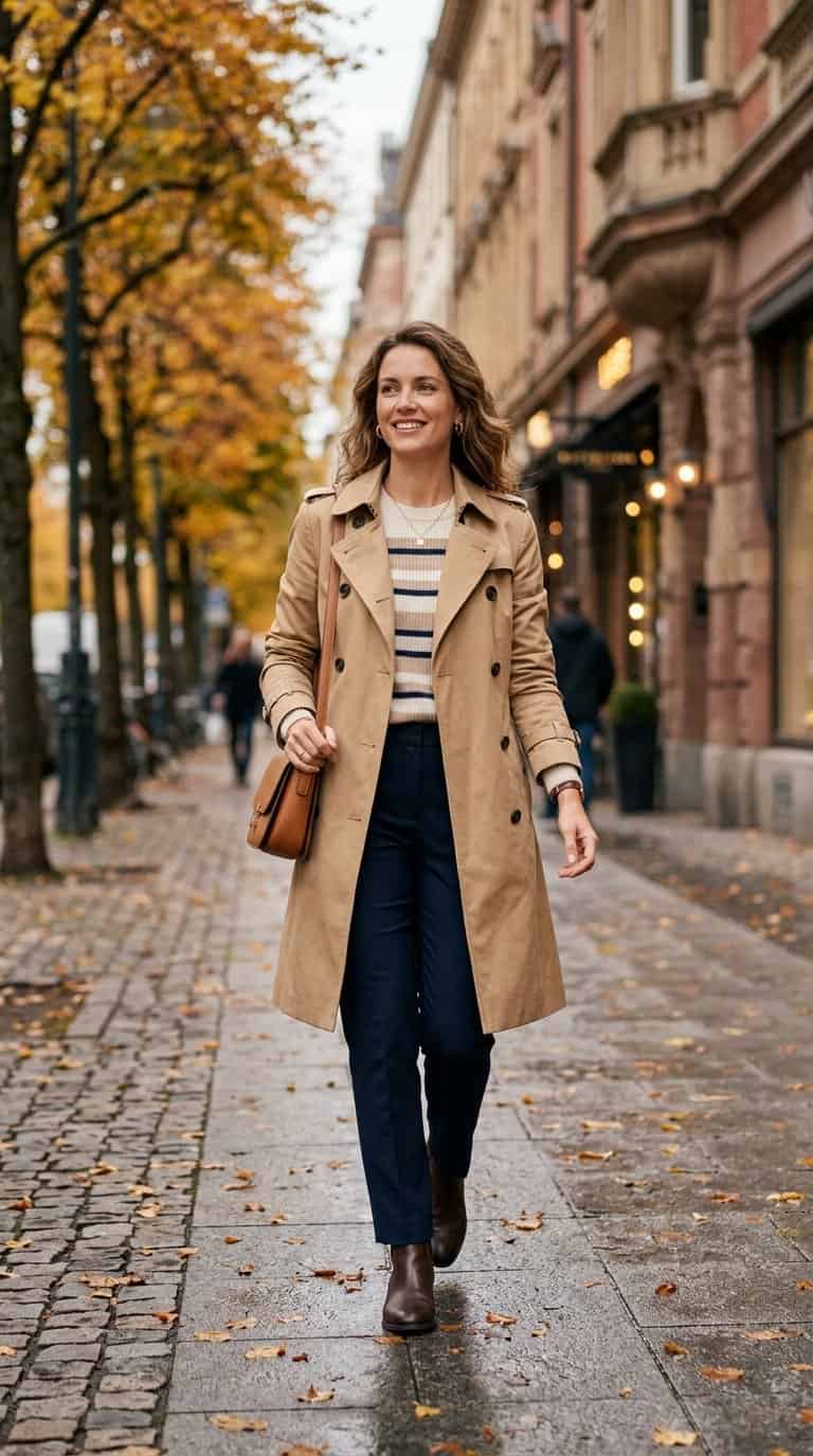 A person wearing a tan trench coat over a striped sweater walks along an autumn city sidewalk.