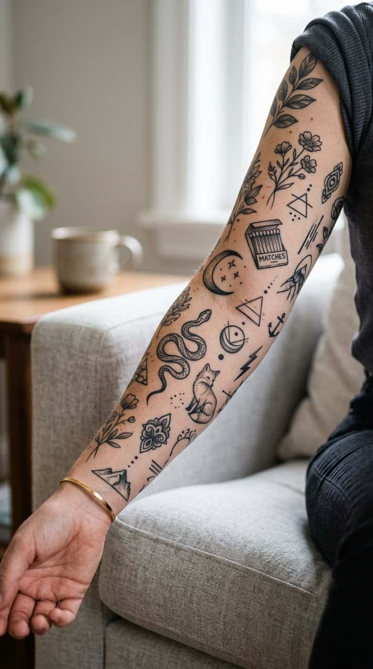 A tattooed forearm displaying many small, varied designs arranged in a spaced patchwork collection.