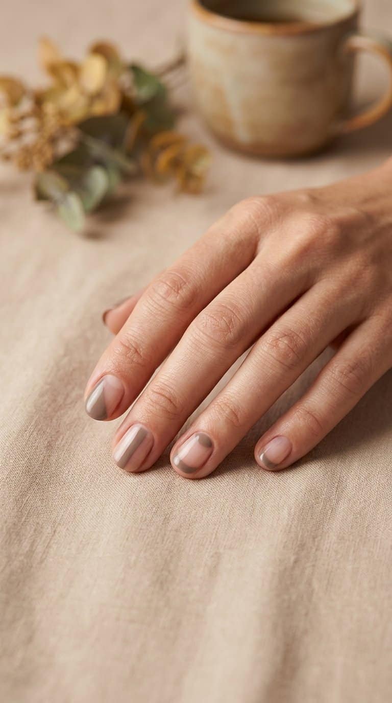 A hand with short taupe and natural negative-space manicured nails rests on a neutral surface.