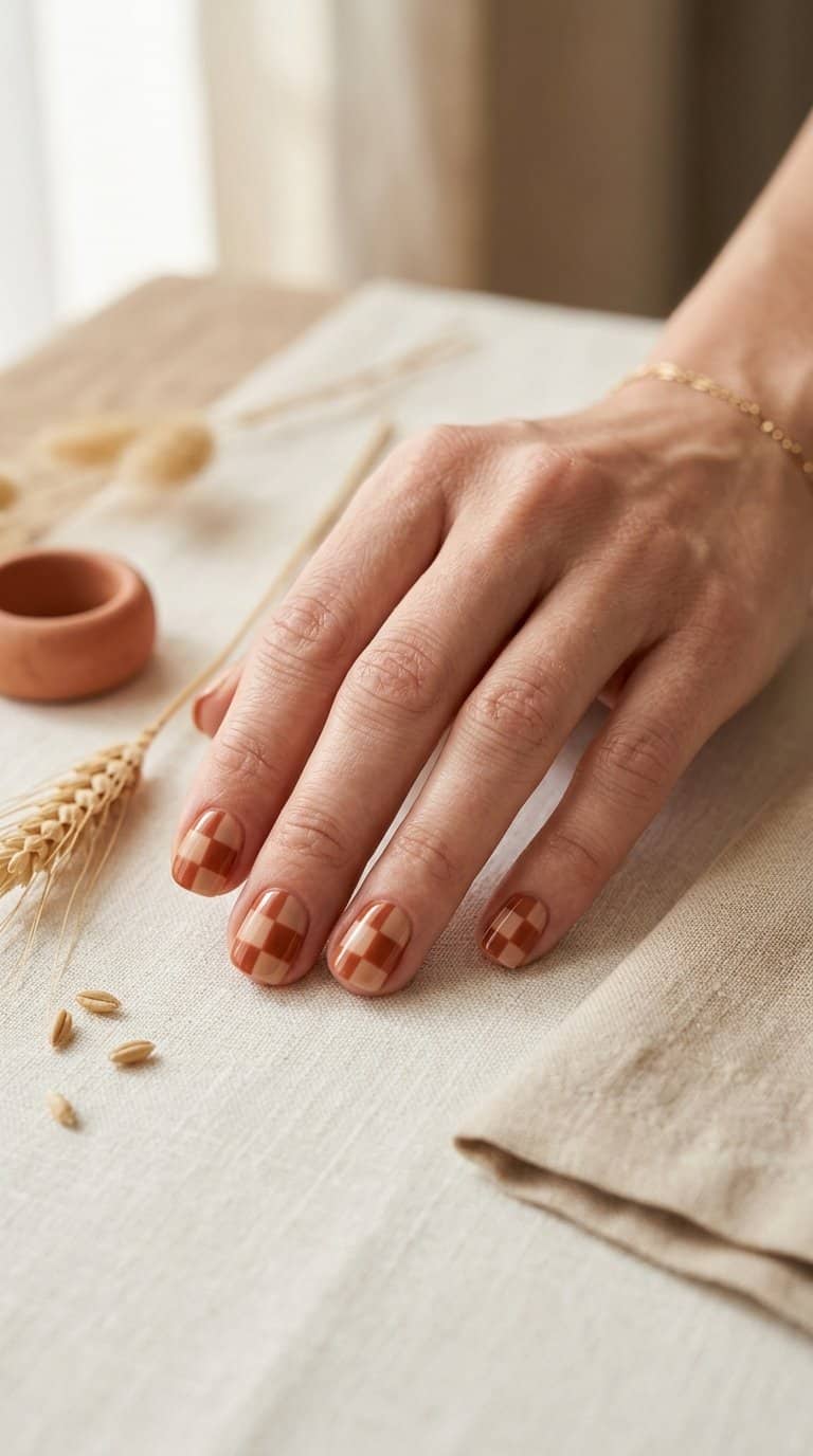 A hand with short terracotta and nude checkerboard-patterned nails resting on a neutral surface.