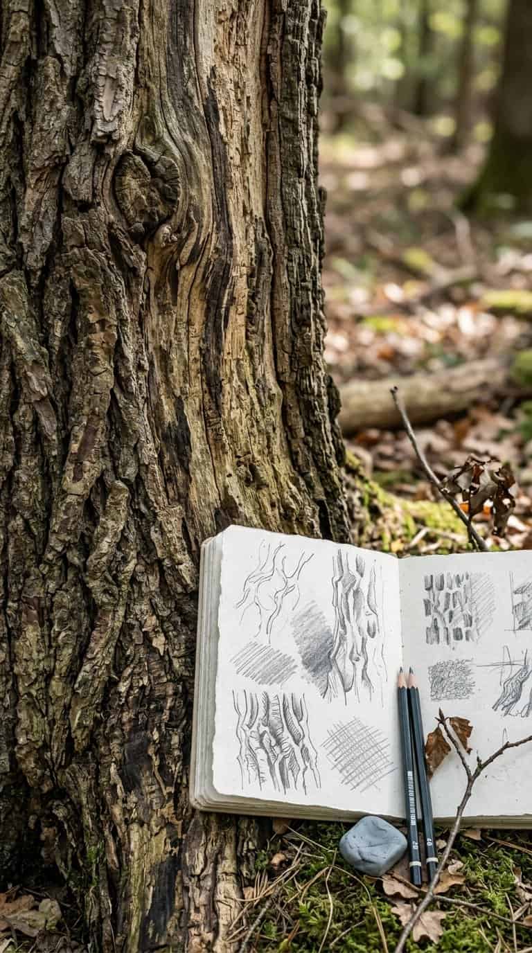 An open sketchbook and drawing tools beside the textured bark of a tree.