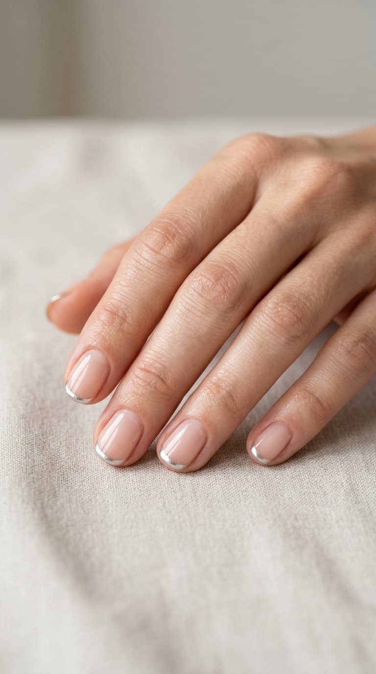 A hand with short nude nails featuring thin silver tips rests on a light surface.
