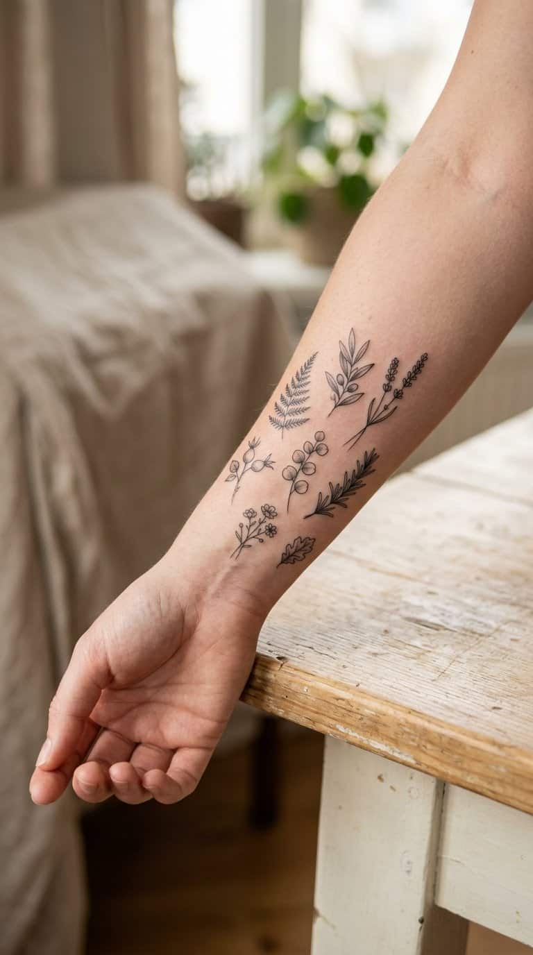 Forearm and wrist displaying several small botanical sprig tattoos.