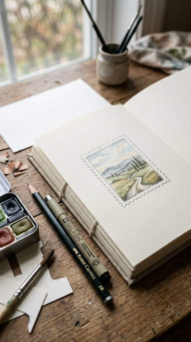 An open sketchbook displays a tiny landscape drawing inside a postage-stamp-shaped frame on an artist’s desk.