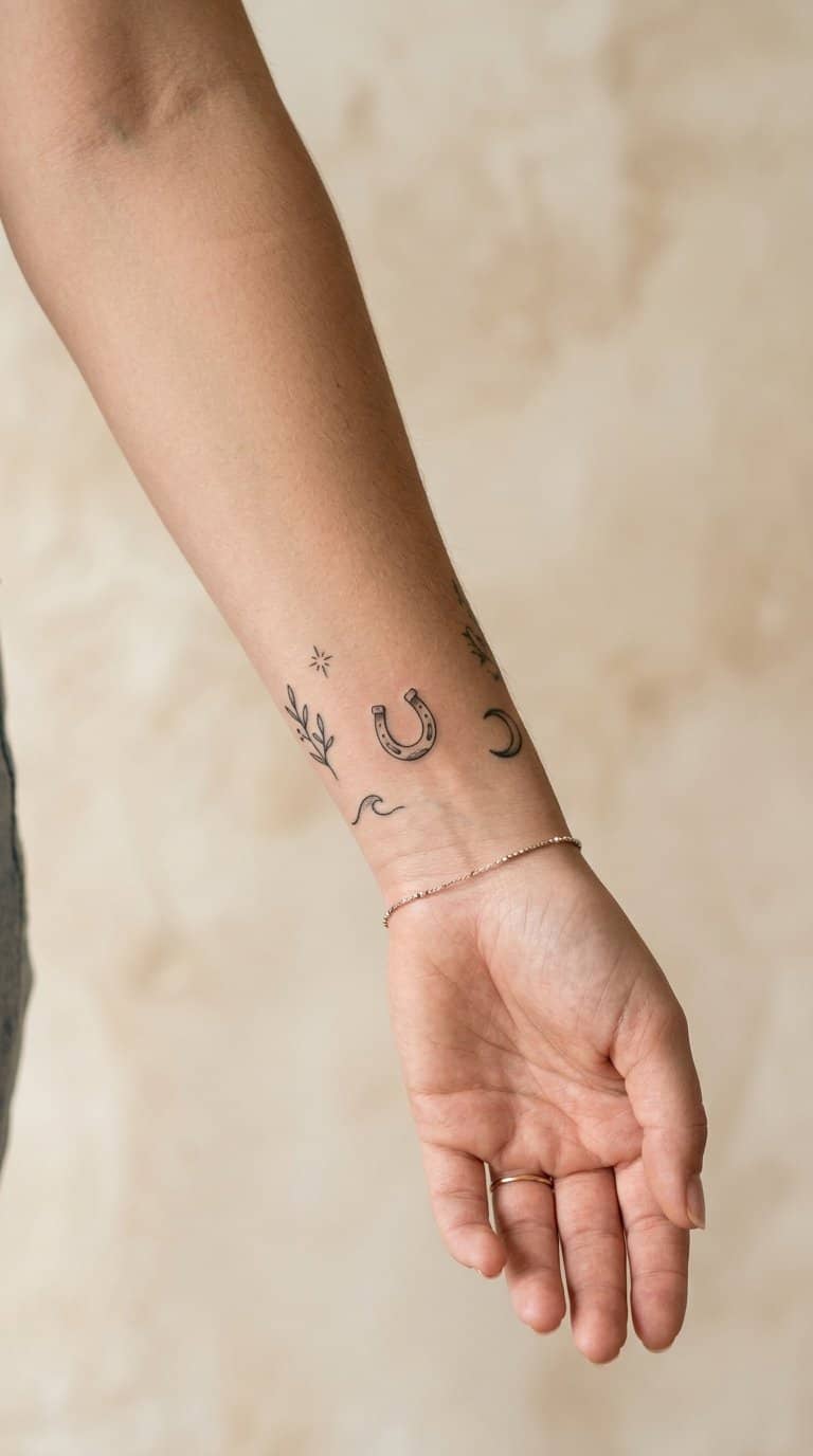 A forearm with a small horseshoe tattoo among several tiny tattoos.