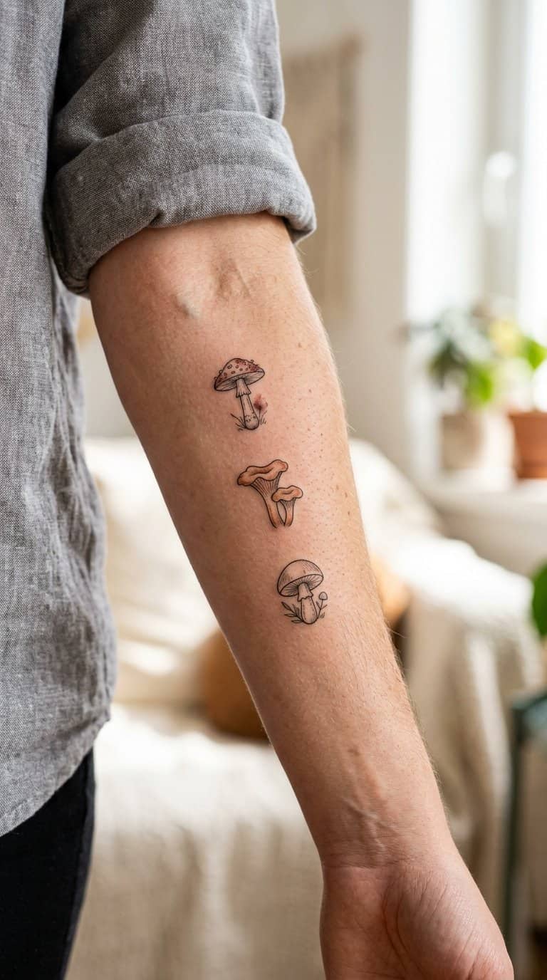 A forearm with three small mushroom tattoos arranged together.