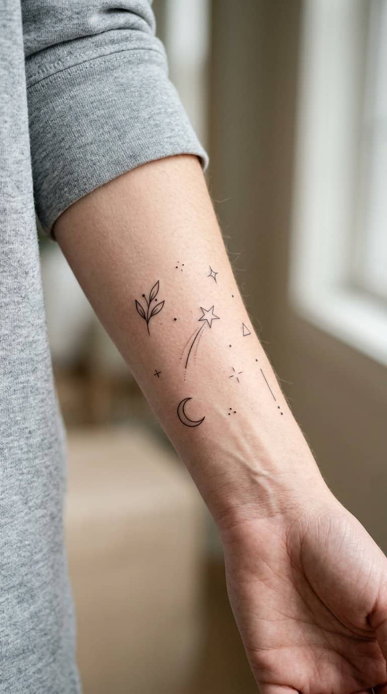 A forearm with a tiny shooting star tattoo surrounded by several small minimalist tattoos.