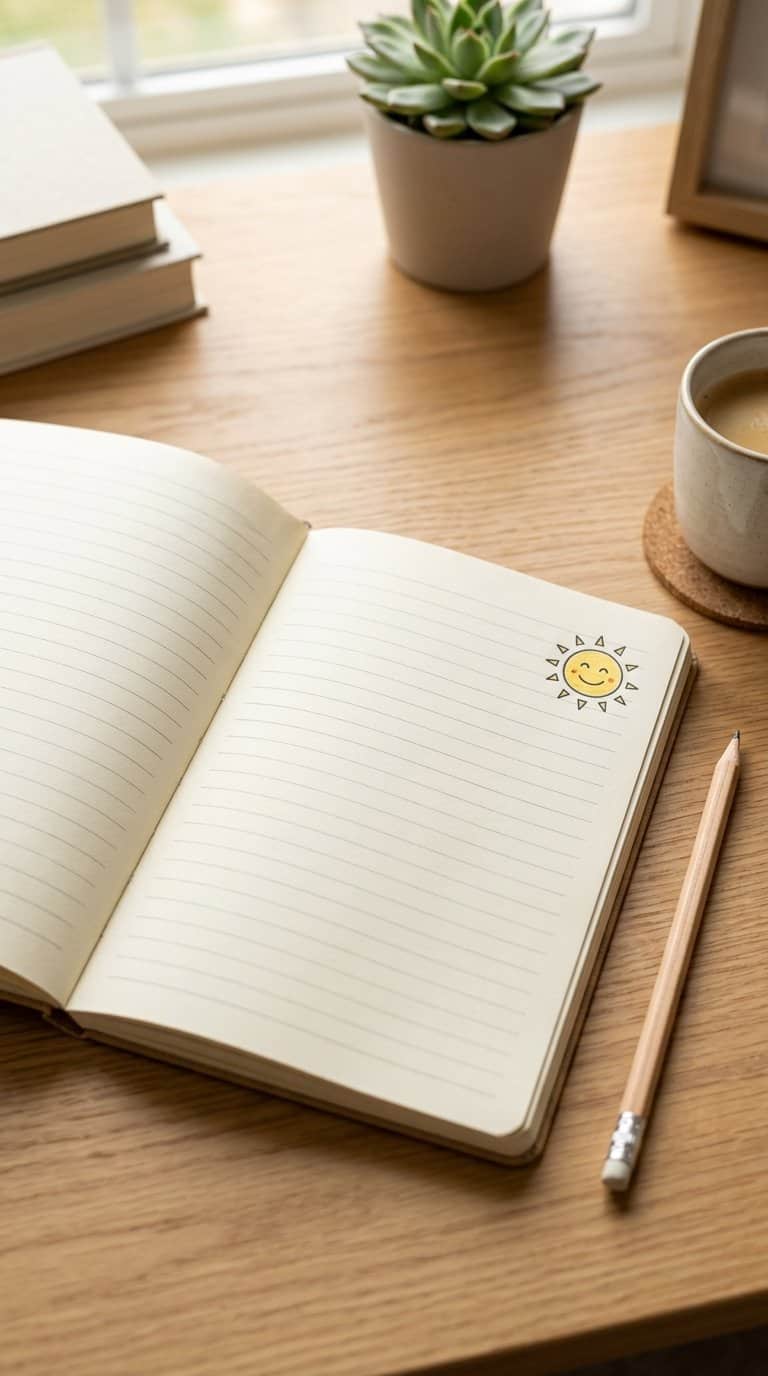 An open notebook with a tiny smiling sun doodle drawn in the margin.