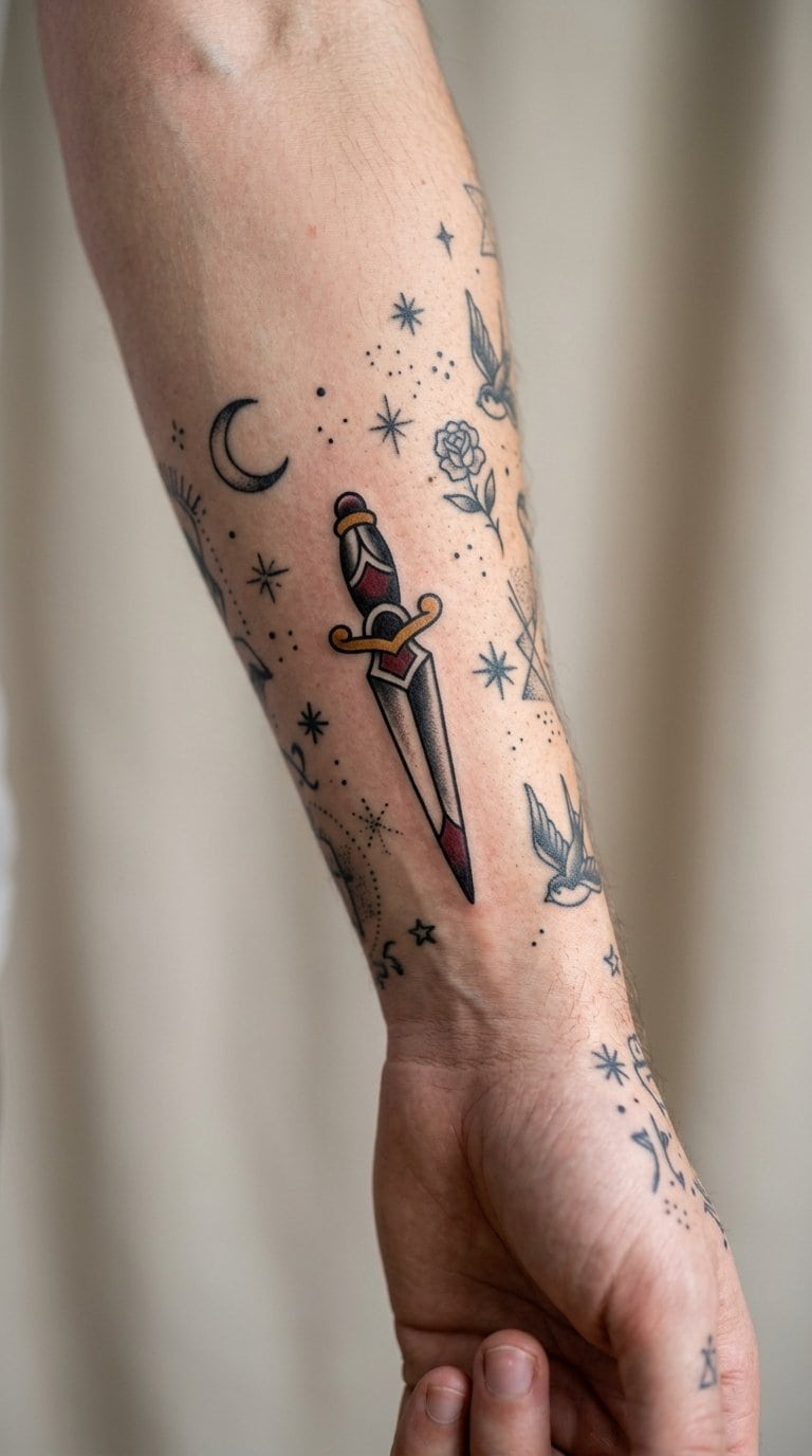 A forearm displaying a small traditional dagger tattoo among several separate decorative tattoos.
