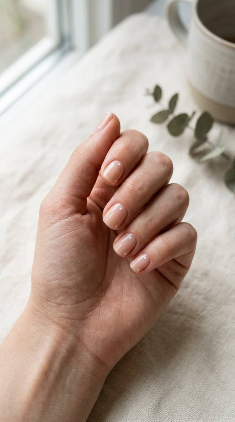 A person’s hands with short nude nails decorated with tiny white dots.