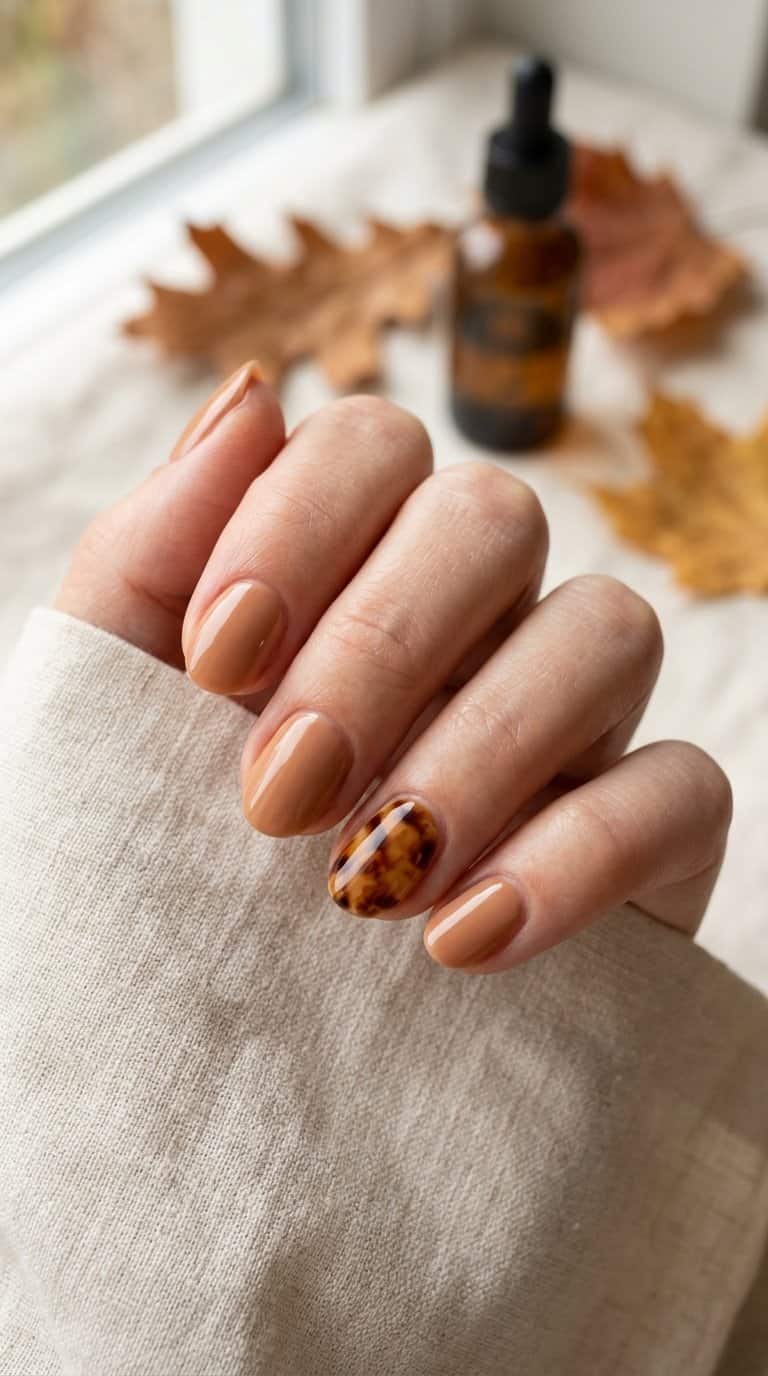 A hand with short nails featuring warm brown tortoiseshell accent nails and coordinating neutral polish.