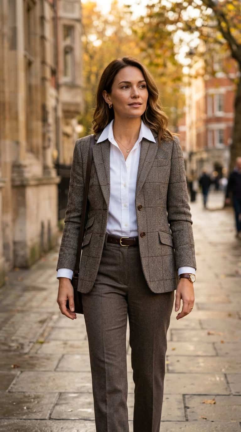 A person wearing a brown tweed jacket over a white button-down shirt outdoors in autumn.