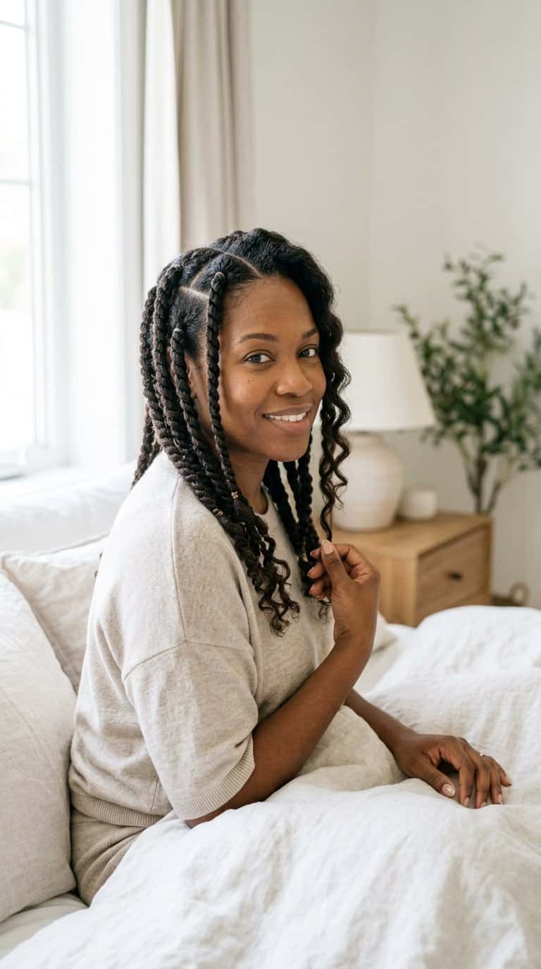 Woman creating two-strand twists in her hair for defined waves.