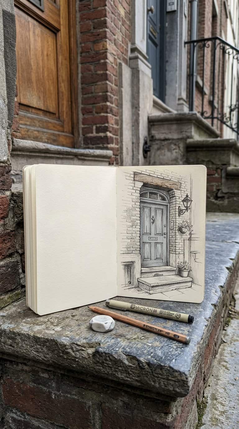 An open sketchbook with a drawing of a doorway rests on an urban doorstep beside drawing tools.