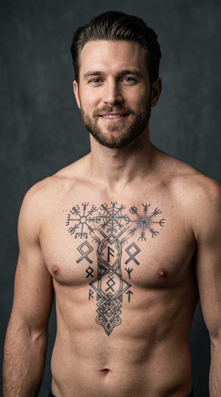 A shirtless man displays a geometric Viking-inspired rune tattoo across his upper chest.