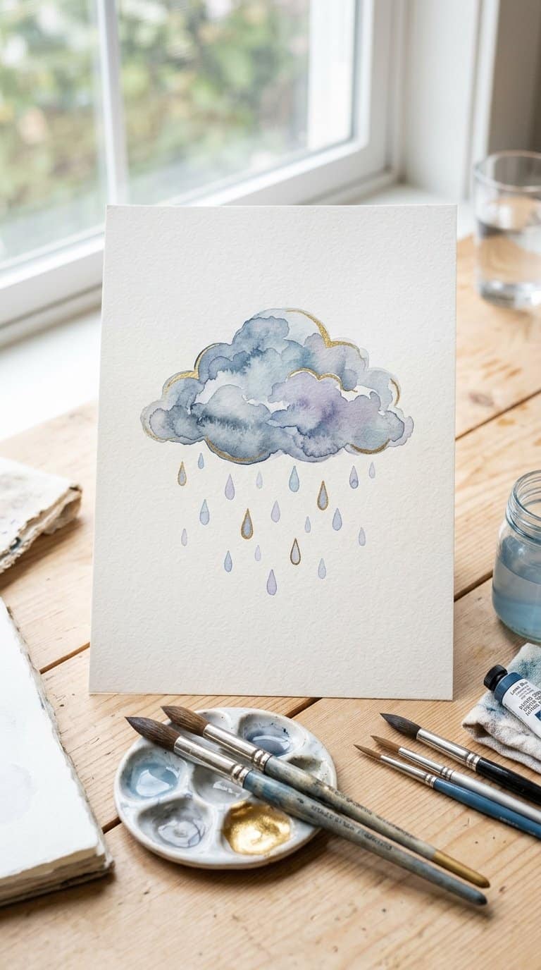 A blue and lavender watercolor raincloud with gold-highlighted raindrops on white paper.