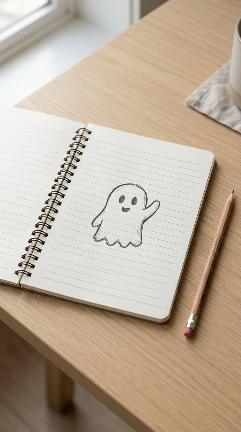 An open notebook with a simple waving ghost doodle on the page and a pencil nearby.