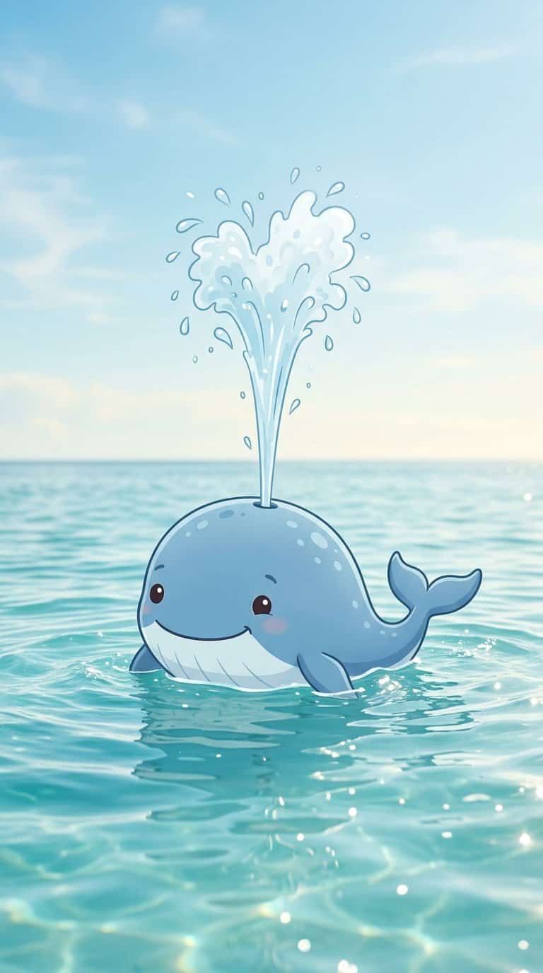 A cute blue whale rises from the ocean and sprays water into the air.
