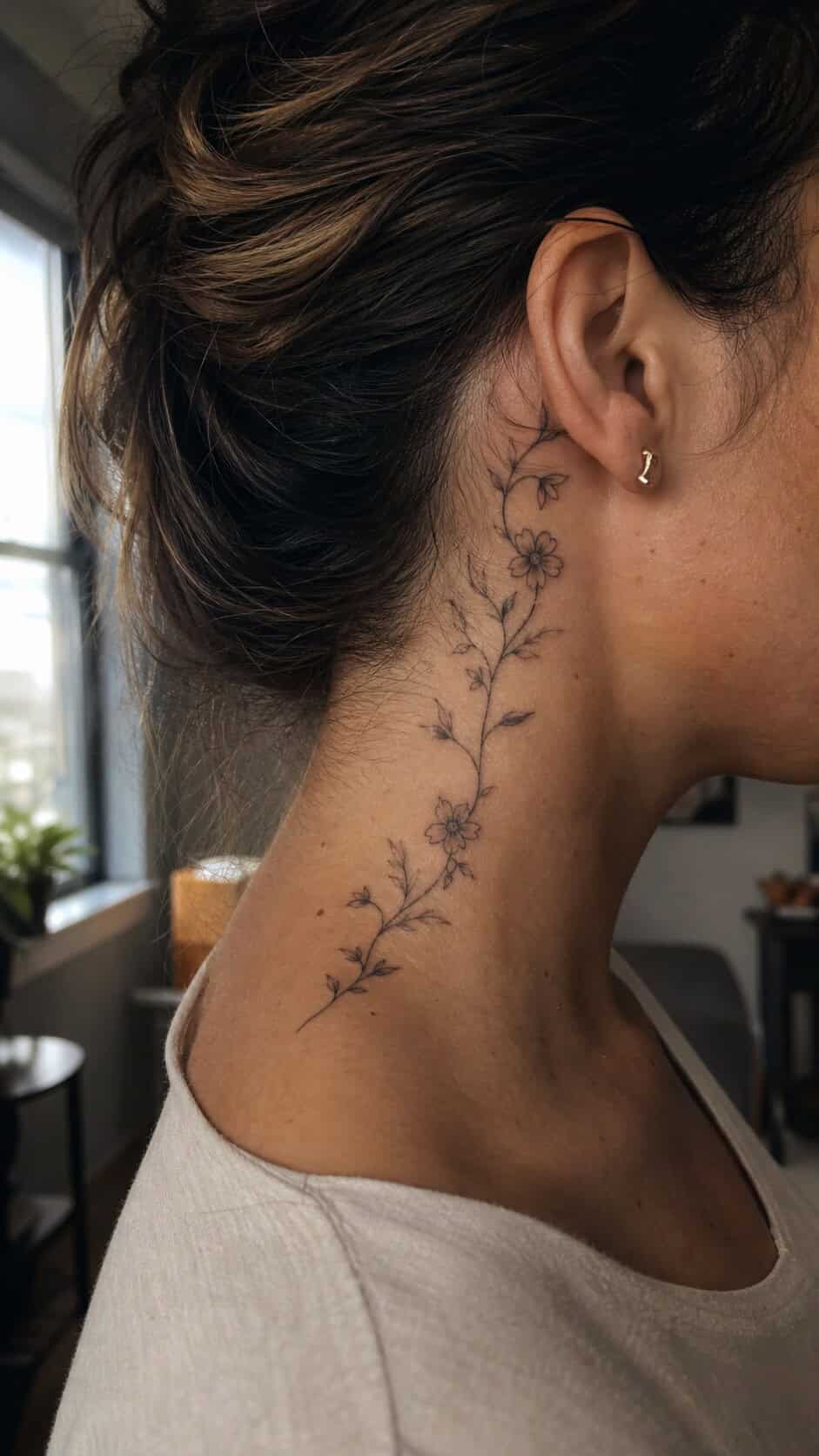 From Delicate to Daring: 28 Neck Tattoo Ideas for Every Woman 2 Ethereal Floral Vine neck tattoo idea