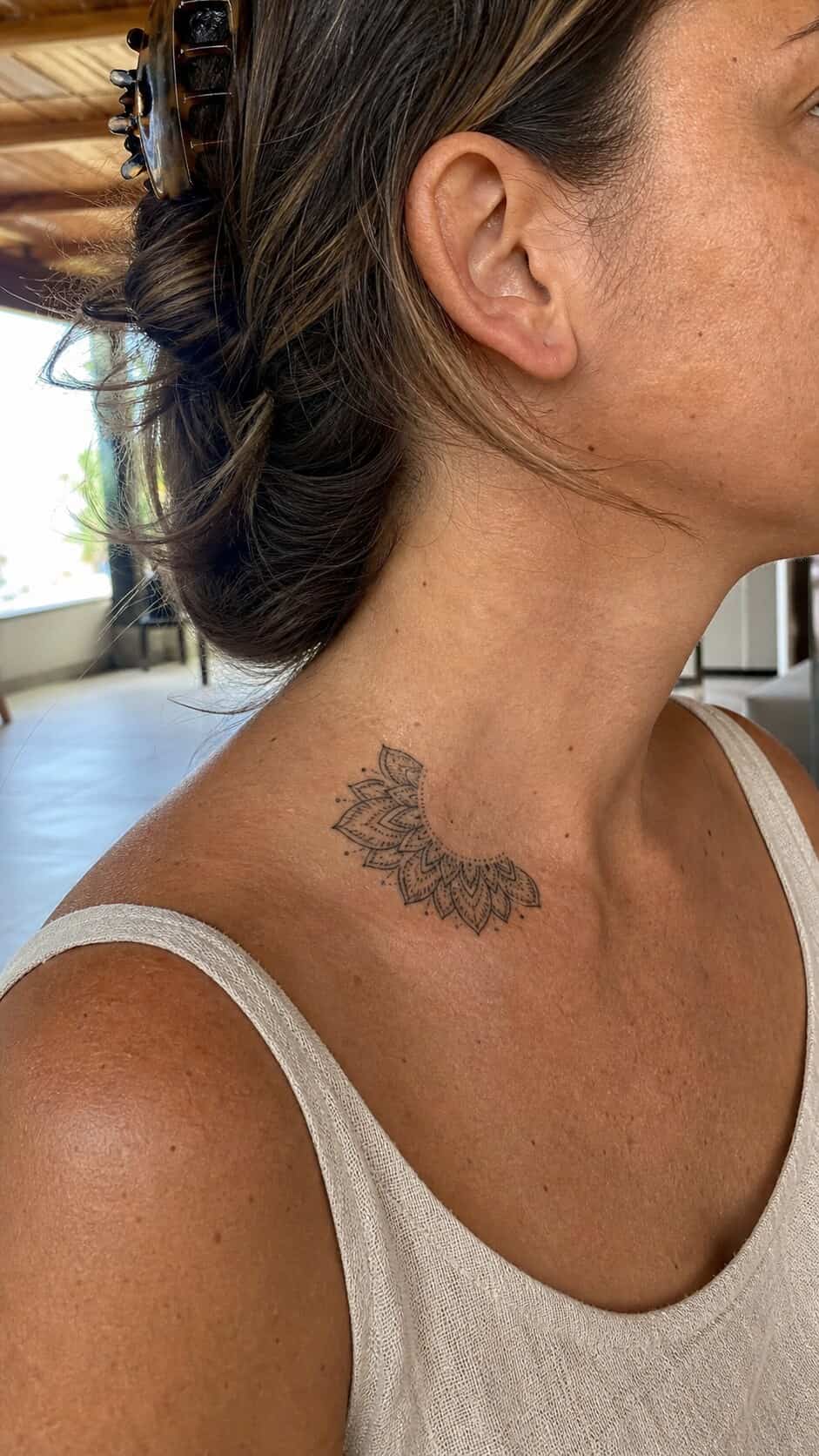 From Delicate to Daring: 28 Neck Tattoo Ideas for Every Woman 15 Majestic Mandala neck tattoo idea, example 2