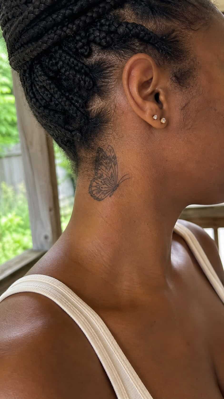 From Delicate to Daring: 28 Neck Tattoo Ideas for Every Woman 22 Delicate Butterfly neck tattoo idea, example 2