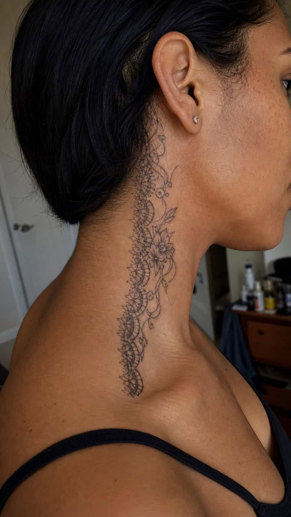 From Delicate to Daring: 28 Neck Tattoo Ideas for Every Woman 27 Elegant Lace Design neck tattoo idea