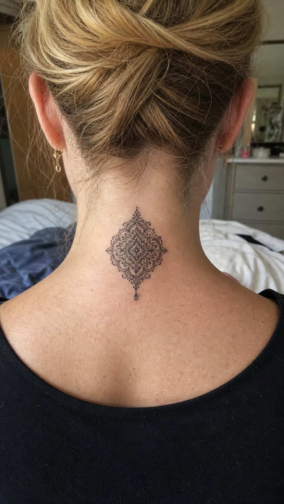 From Delicate to Daring: 28 Neck Tattoo Ideas for Every Woman 28 Elegant Lace Design neck tattoo idea, example 2