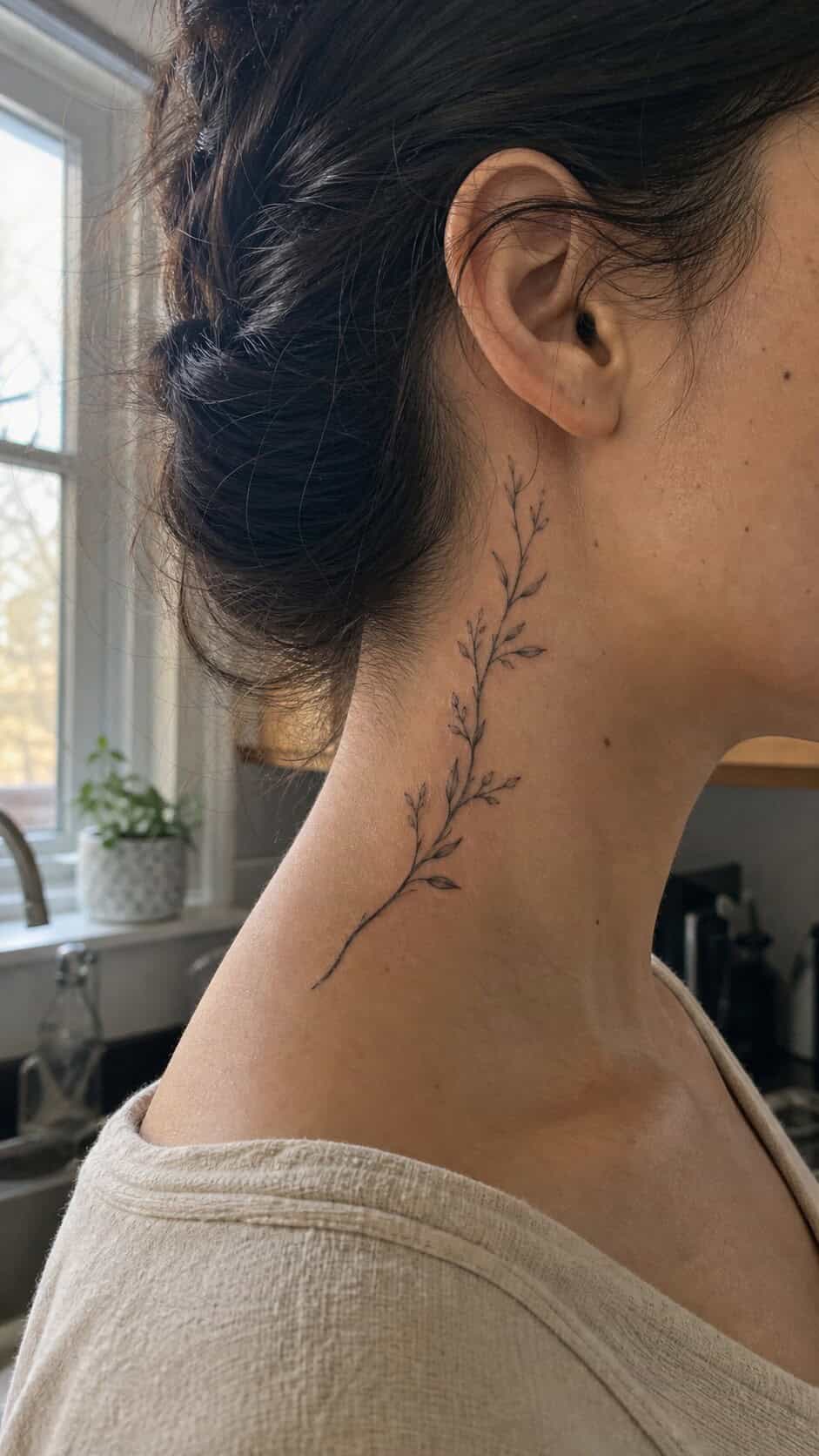 From Delicate to Daring: 28 Neck Tattoo Ideas for Every Woman 29 Nature's Branches neck tattoo idea