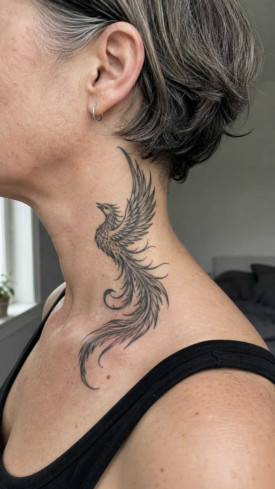 From Delicate to Daring: 28 Neck Tattoo Ideas for Every Woman 32 Phoenix Rising neck tattoo idea, example 2