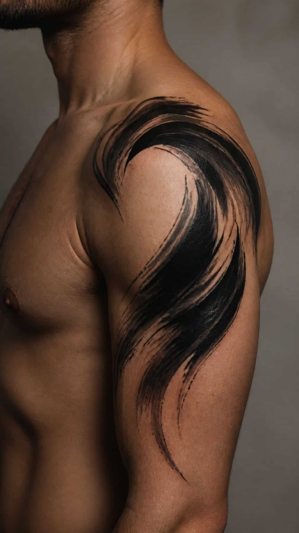 A person’s shoulder and upper arm featuring an abstract black brushstroke tattoo.
