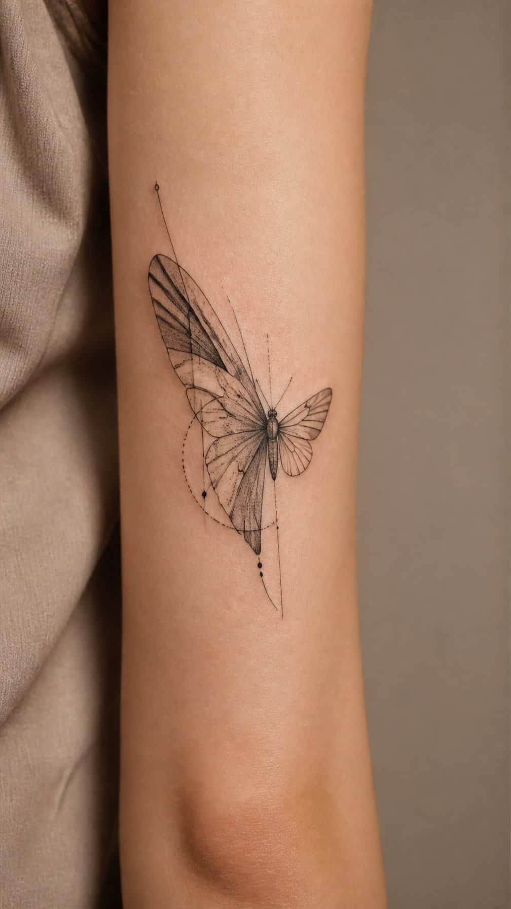 A close-up of an abstract asymmetrical butterfly tattoo on a person's skin.