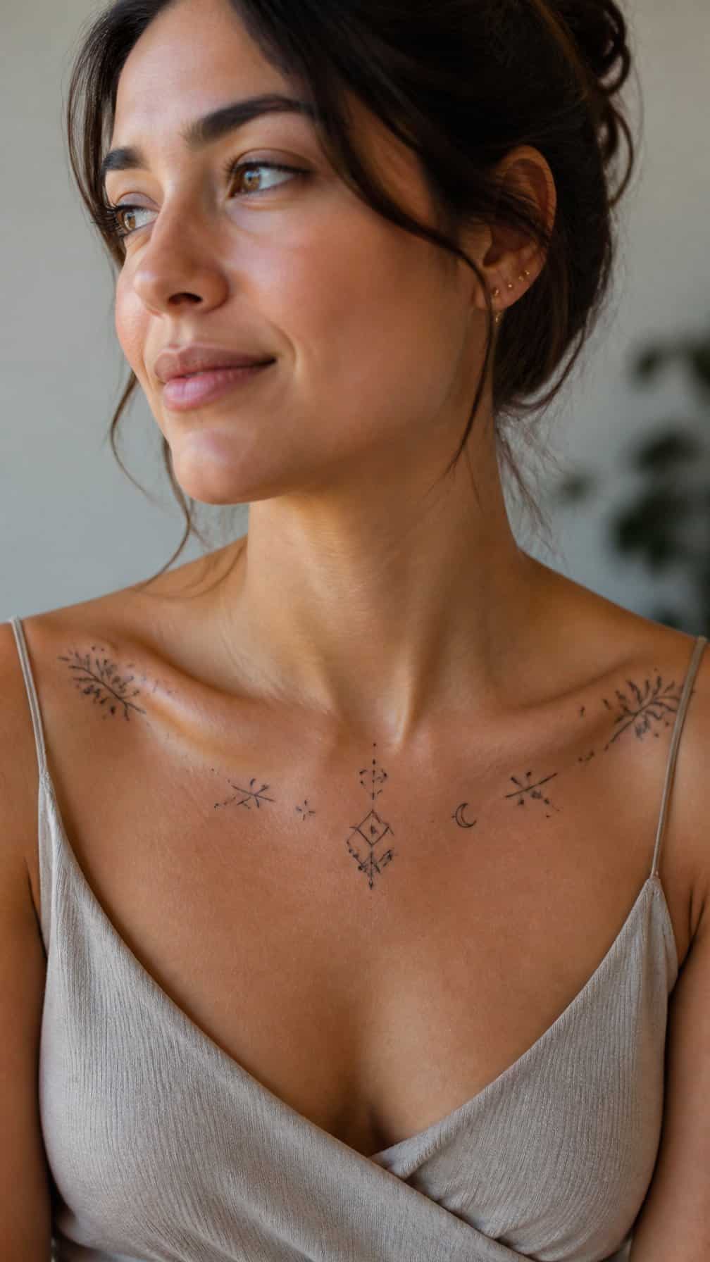 Adult model showing several delicate tattoos arranged along both collarbones.