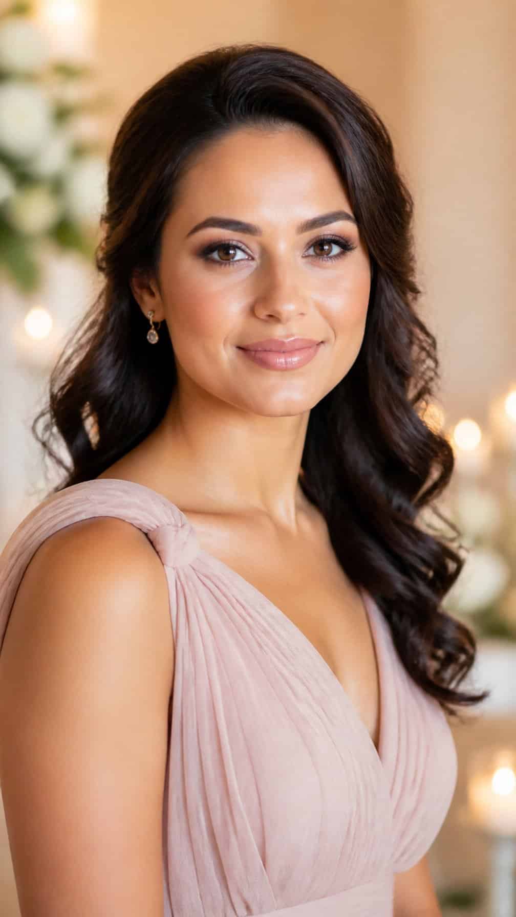 Close-up portrait of a bridesmaid with smooth glowing skin, soft brown eye makeup, and romantic waves.